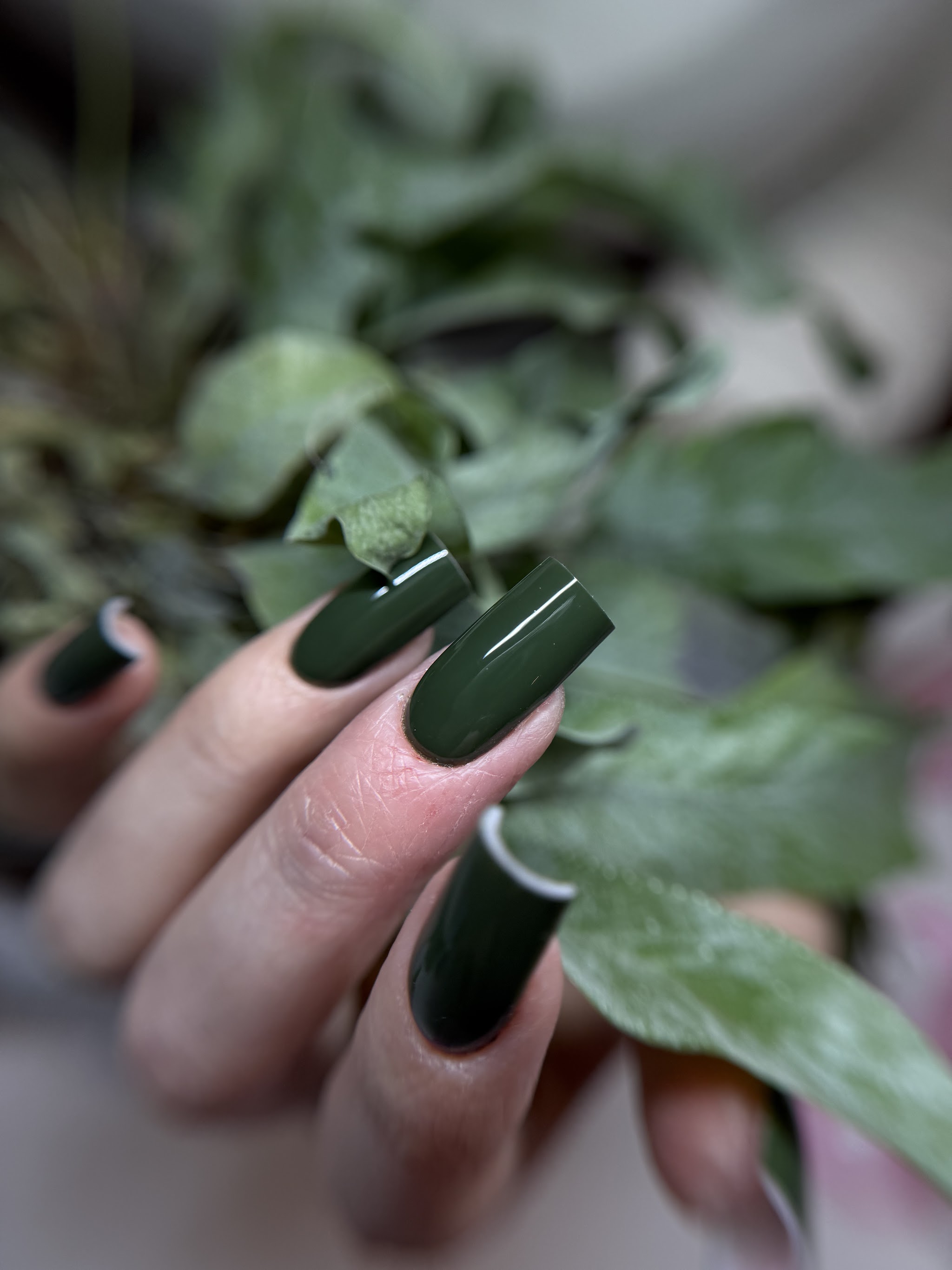 Donkergroene gelnagels tussen groene blaadjes